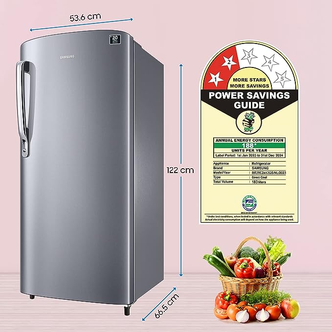 Samsung 183 L 2 Star Digital Inverter Direct Cool Single Door Refrigerator (RR20C2412GS/NL, Gray Silver, 2023 Model)(OPEN BOX) Samsung 183 L 2 Star Digital Inverter Direct Cool Single Door Refrigerator (RR20C2412GS/NL, Gray Silver, 2023 Model)(OPEN BOX)